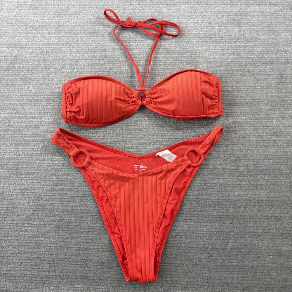 Aerie Ring Halter Ribbed Two Piece Red Bikini Womens M Top L Bottom Cheeky